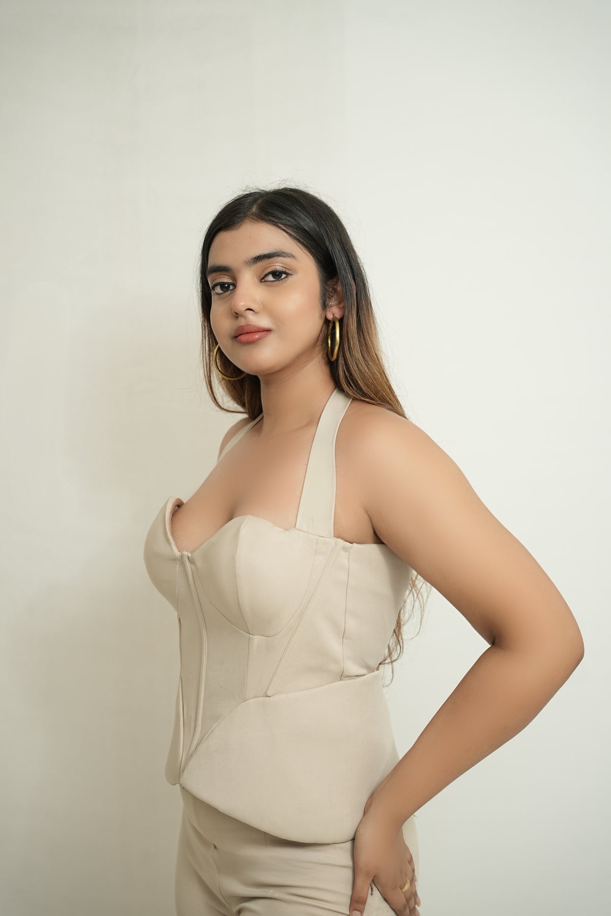 She chose herself | Beige corset and bootcut pants set