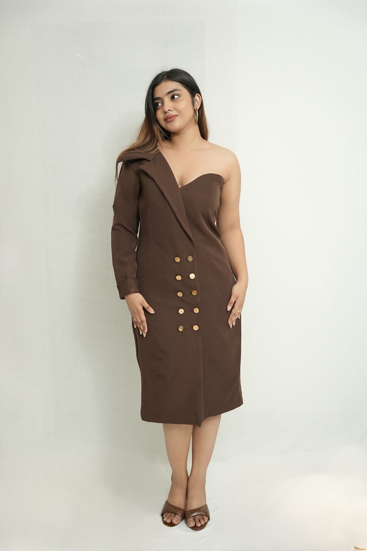 She took the lead | Brown one shoulder blazer dress