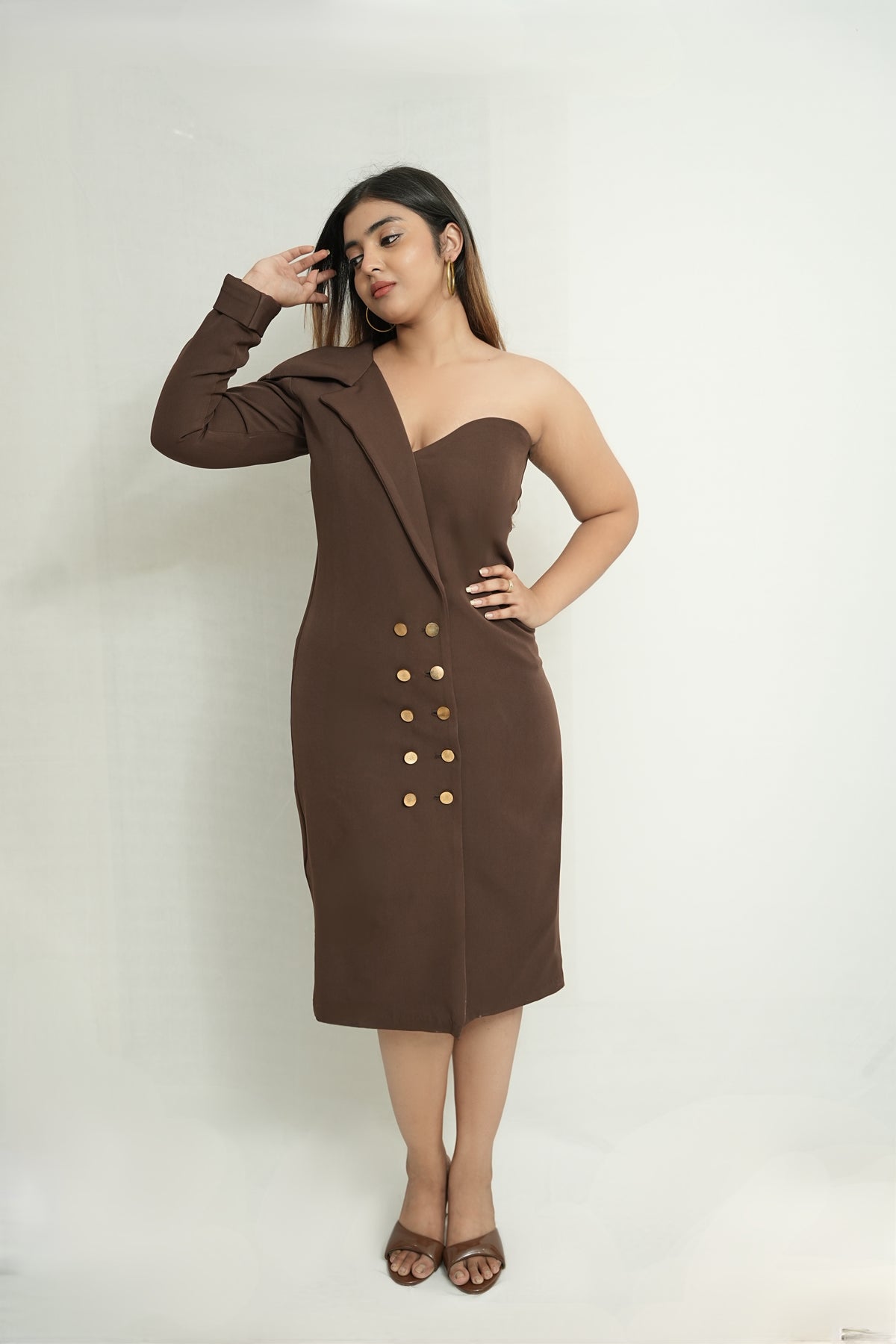She took the lead | Brown one shoulder blazer dress