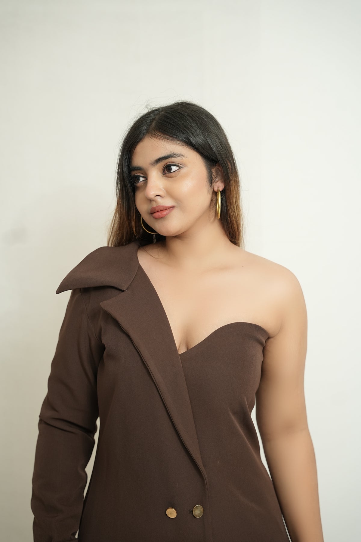 She took the lead | Brown one shoulder blazer dress
