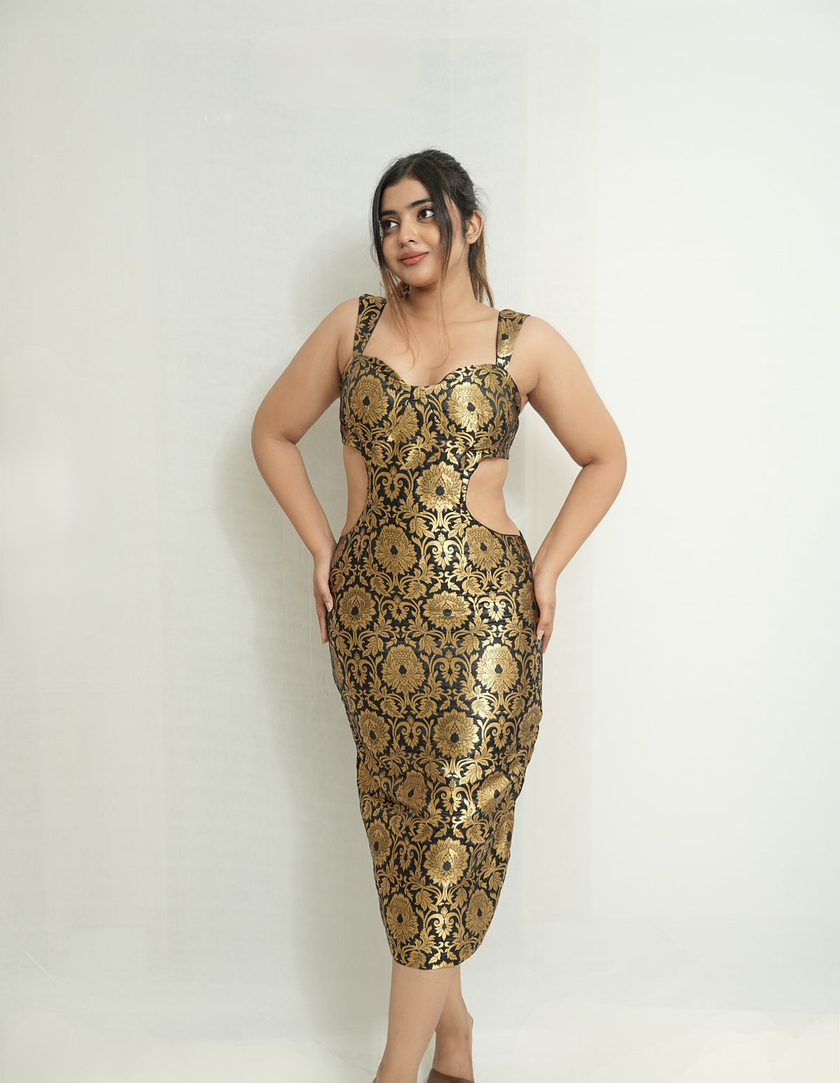 The golden hour | Black and gold brocade waist cut-out dress