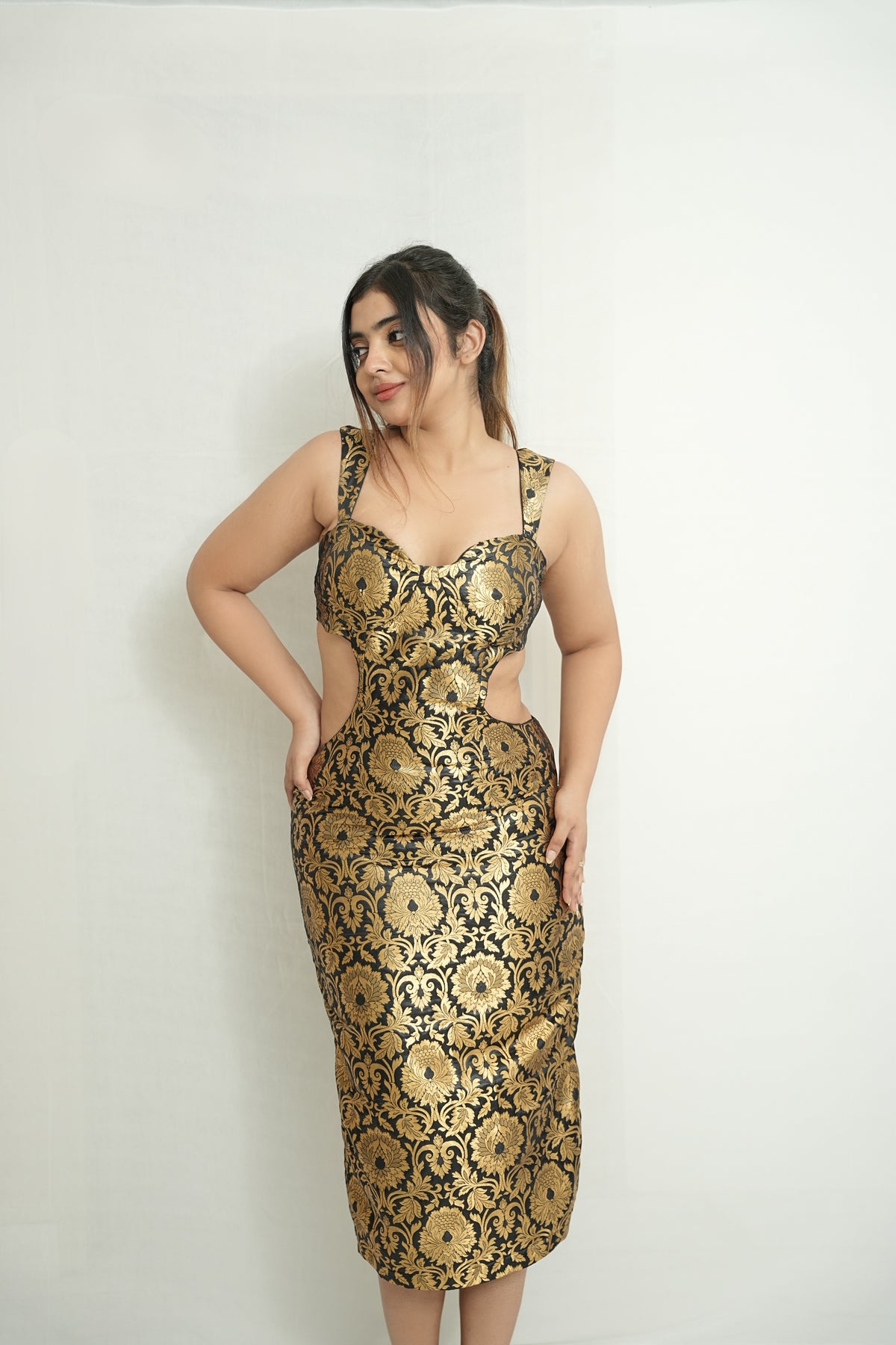 The golden hour | Black and gold brocade waist cut-out dress