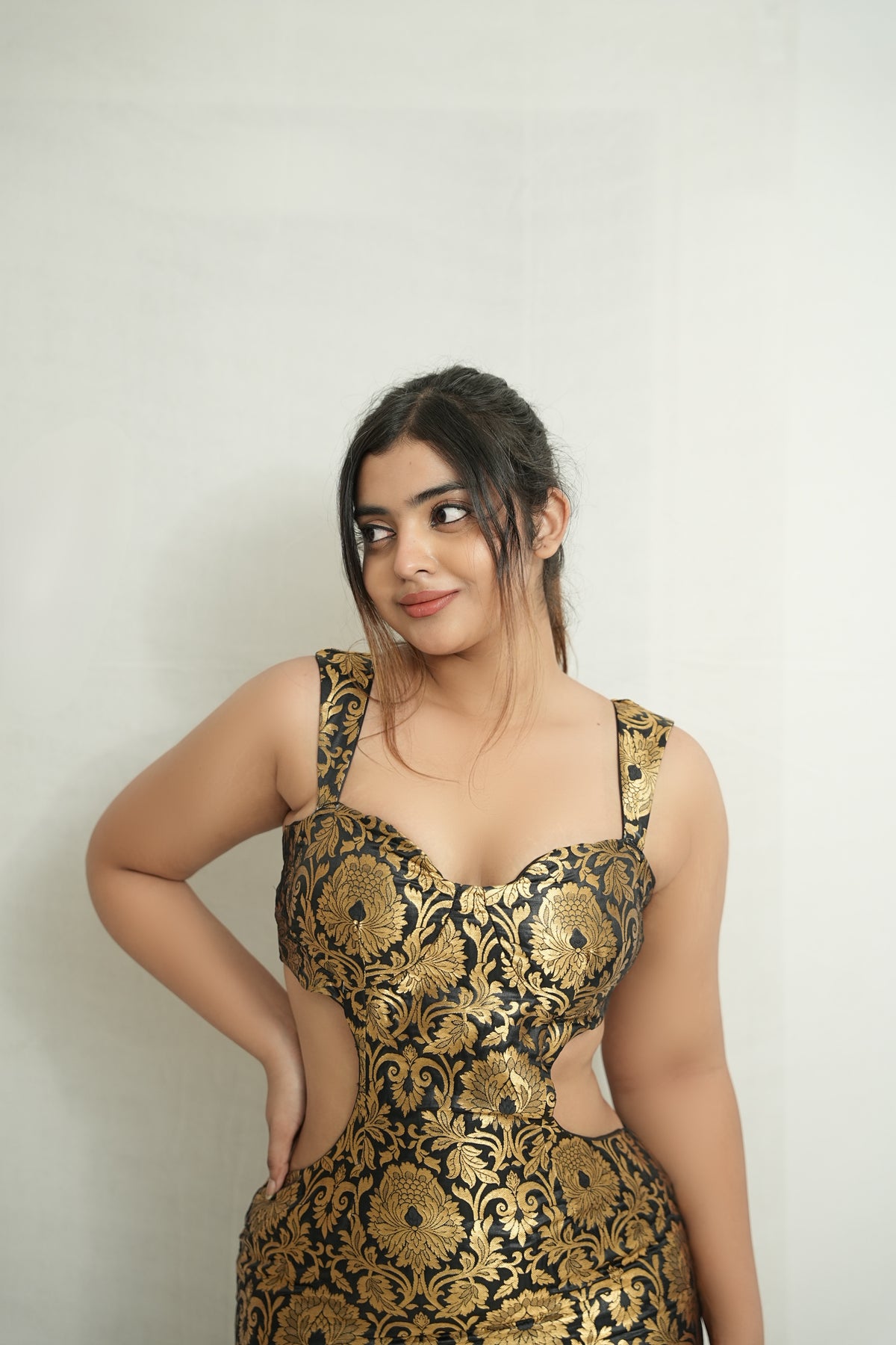 The golden hour | Black and gold brocade waist cut-out dress