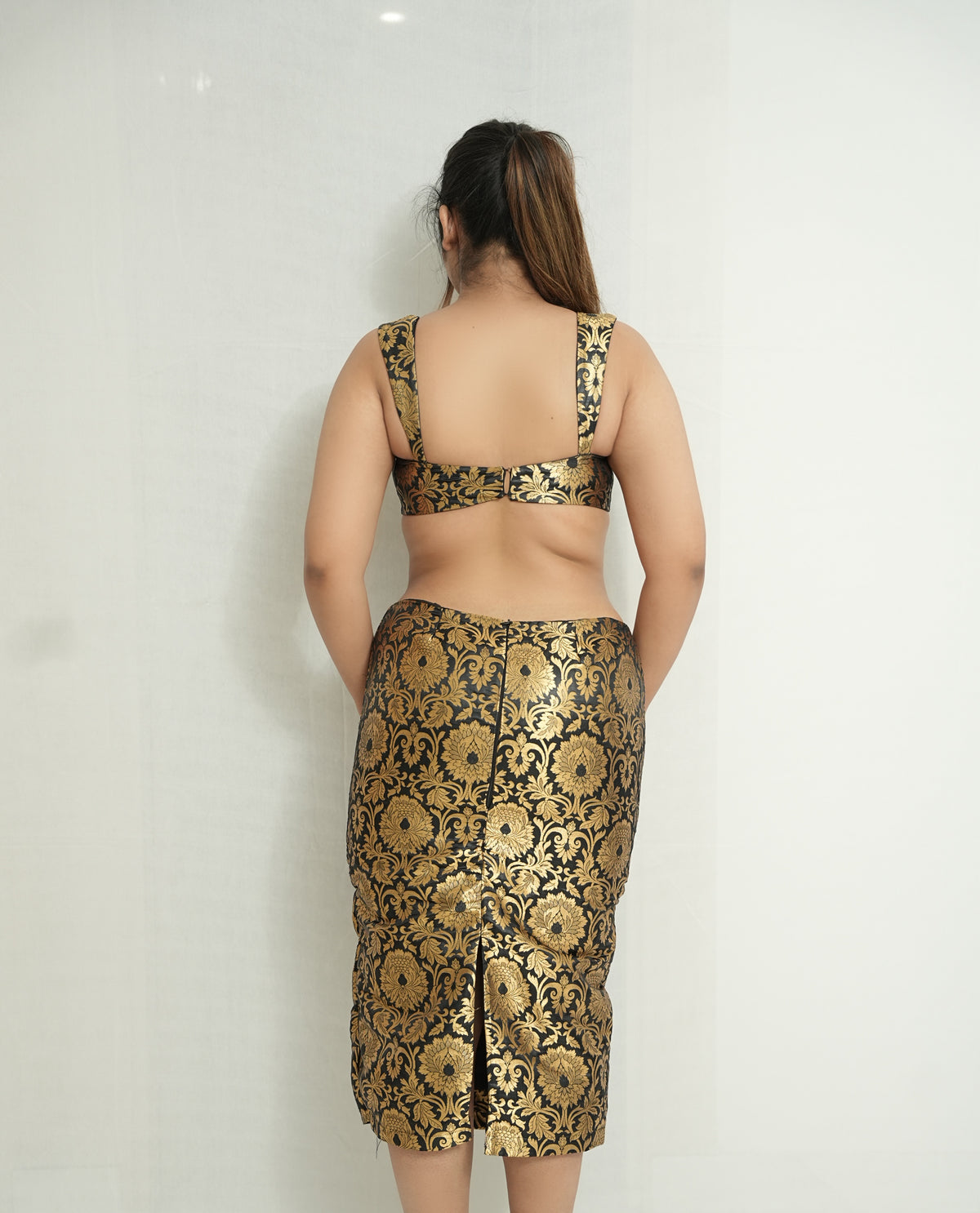 The golden hour | Black and gold brocade waist cut-out dress